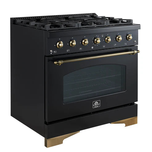 FORNO Antico 36" 4.5 cu. ft. Gas Range with 6 Sealed Burners in Black with Antique Brass Accents, FFSGS6219-36BLK