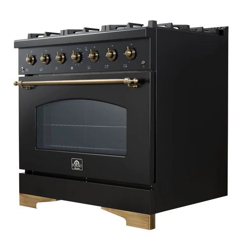 FORNO Antico 36" 4.5 cu. ft. Gas Range with 6 Sealed Burners in Black with Antique Brass Accents, FFSGS6219-36BLK