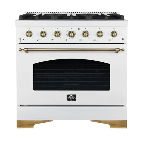 FORNO Antico 36" 4.5 cu. ft. Gas Range with 6 Sealed Burners in White with Antique Brass Accents, FFSGS6219-36WHT