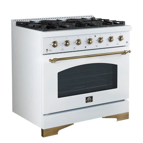 FORNO Antico 36" 4.5 cu. ft. Gas Range with 6 Sealed Burners in White with Antique Brass Accents, FFSGS6219-36WHT