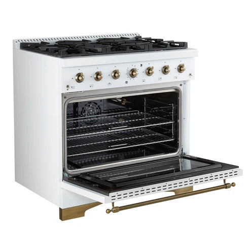 FORNO Antico 36" 4.5 cu. ft. Gas Range with 6 Sealed Burners in White with Antique Brass Accents, FFSGS6219-36WHT