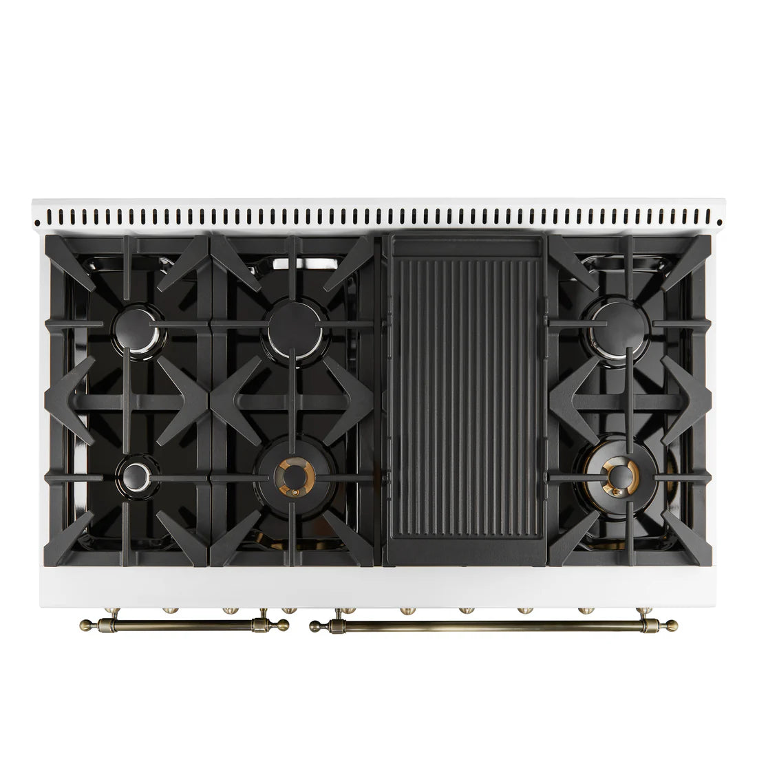FORNO Antico 48" 5.5 cu. ft. Gas Range with 8 Sealed Burners and Griddle in White with Antique Brass Accents, FFSGS6219-48WHT