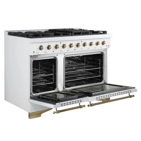 FORNO Antico 48" 5.5 cu. ft. Gas Range with 8 Sealed Burners and Griddle in White with Antique Brass Accents, FFSGS6219-48WHT