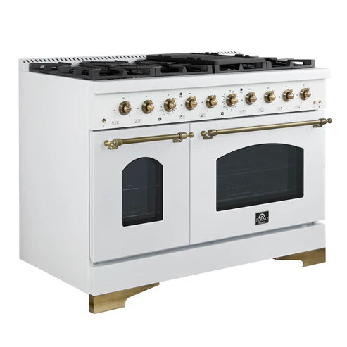 FORNO Antico 48" 5.5 cu. ft. Gas Range with 8 Sealed Burners and Griddle in White with Antique Brass Accents, FFSGS6219-48WHT