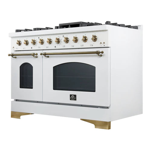 FORNO Antico 48" 5.5 cu. ft. Gas Range with 8 Sealed Burners and Griddle in White with Antique Brass Accents, FFSGS6219-48WHT