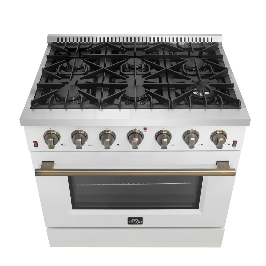 FORNO Galiano 36" 5.36 cu. ft. Gas Range with 6 Sealed Burners in White with Antique Brass Accents, FFSGS6244-36WHT