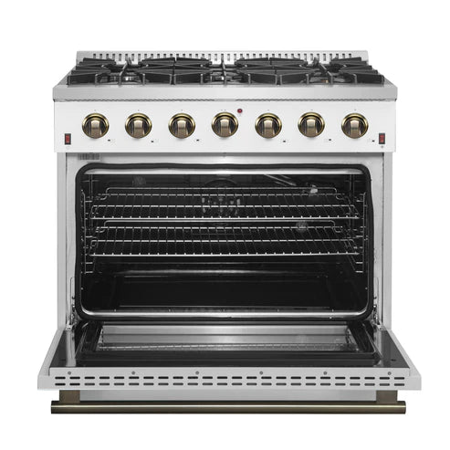 FORNO Galiano 36" 5.36 cu. ft. Gas Range with 6 Sealed Burners in White with Antique Brass Accents, FFSGS6244-36WHT
