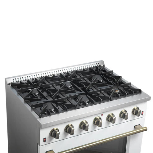 FORNO Galiano 36" 5.36 cu. ft. Gas Range with 6 Sealed Burners in White with Antique Brass Accents, FFSGS6244-36WHT