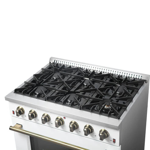 FORNO Galiano 36" 5.36 cu. ft. Gas Range with 6 Sealed Burners in White with Antique Brass Accents, FFSGS6244-36WHT