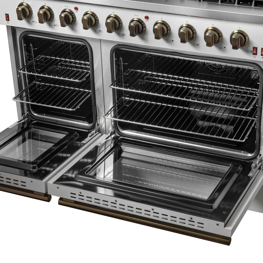 FORNO Galiano 48" 6.58 cu. ft. Gas Range with 8 Sealed Burners and Griddle in White with Antique Brass Accents, FFSGS6244-48WHT