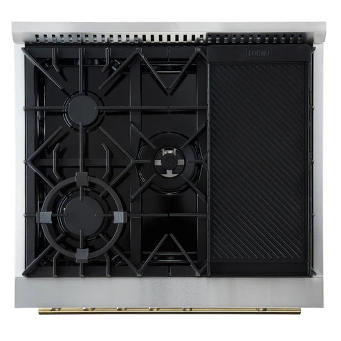 FORNO Giovanni 30" 4.32 cu. ft. Gas Range with 5 Burners, Air Fry Basket, Wok Support and Griddle in Black with Antique Brass Accents, FFSGS6274-30BLK