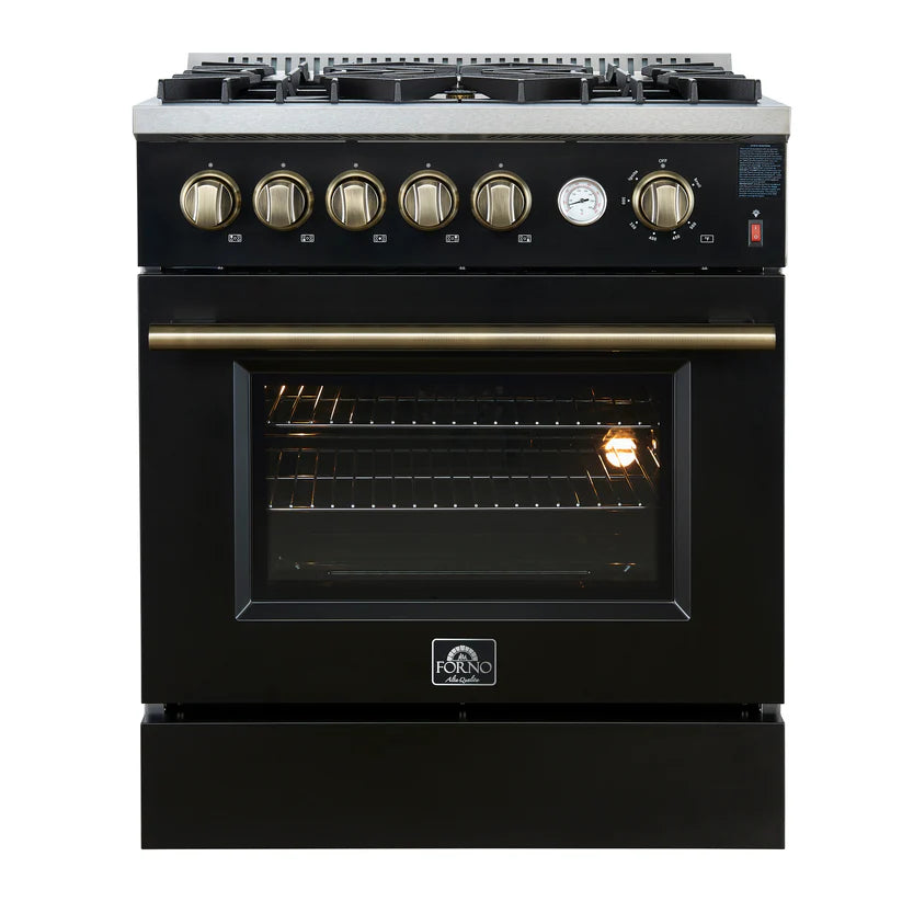 FORNO Giovanni 30" 4.32 cu. ft. Gas Range with 5 Burners, Air Fry Basket, Wok Support and Griddle in Black with Antique Brass Accents, FFSGS6274-30BLK