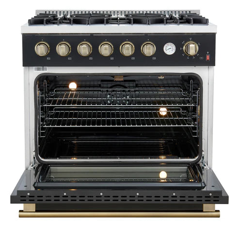 FORNO Marco 36" 5.36 cu.ft. Gas Range with 6 Burners and Temperature Gauge in Black with Antique Brass Accents, FFSGS6277-36BLK