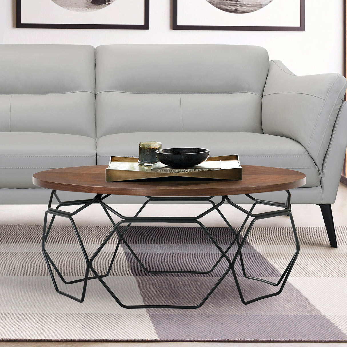 Cosmo Modern Walnut Veneer Coffee Table with Black Metal Base - Stylish, Durable, Easy-Clean Design