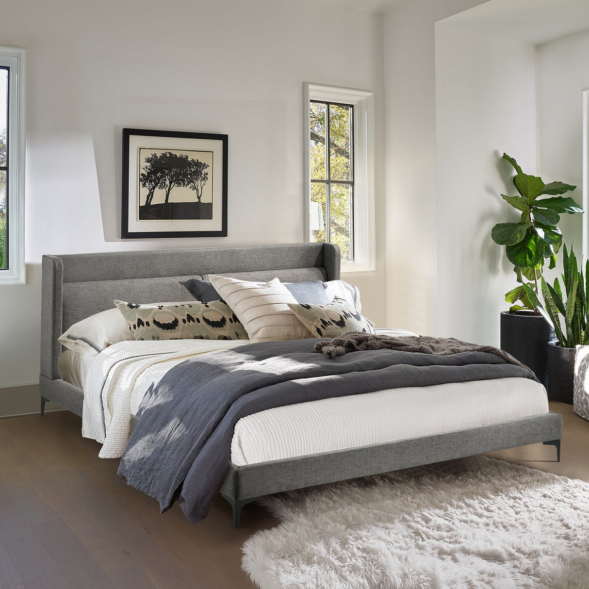 Legend Gray Fabric Eastern King Platform Bed with Sturdy Metal Legs & Elegant Upholstered Headboard