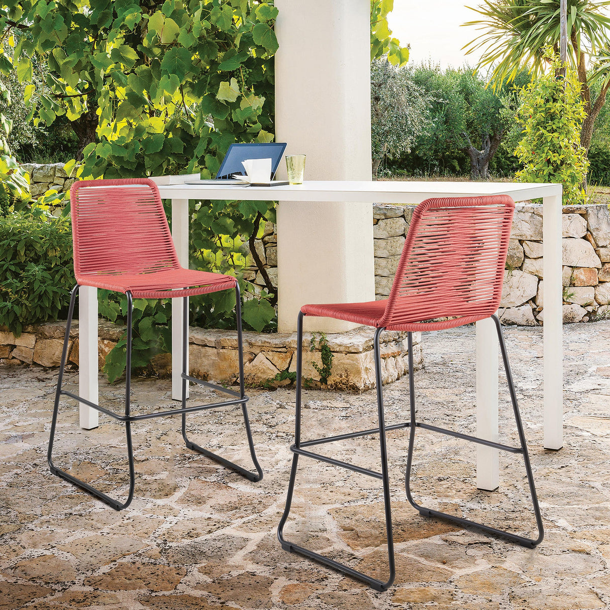 Shasta Outdoor Steel and Rope Stools, Set of 2 - Stylish, Stackable, and Perfect for Any Space!