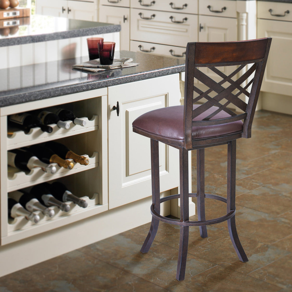 Tahiti Transitional Swivel Barstool in Auburn Bay with Faux Leather for Stylish Home Comfort