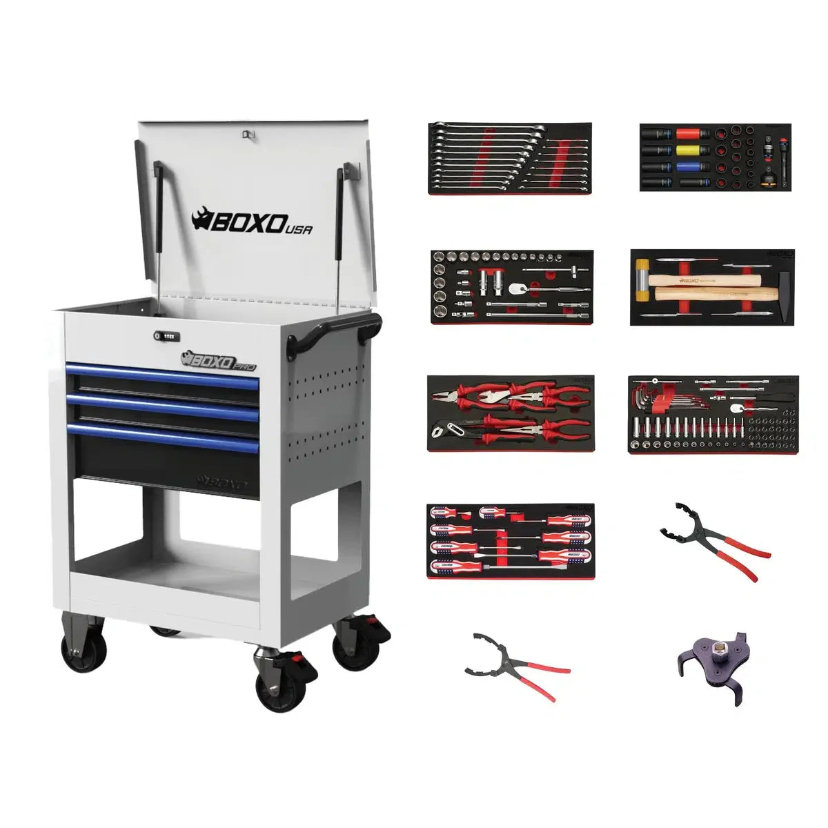 Boxo Pro Series | 28" 3-Drawer Flip-Top Service Cart with Quick Service Master Tool Set