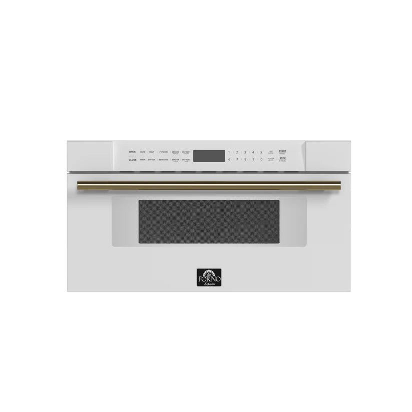 FORNO Espresso Capoliveri 30" 1.2 cu. ft. Built-In Microwave Drawer in White with Antique Brass Handles, FMWDR3000-30WHT