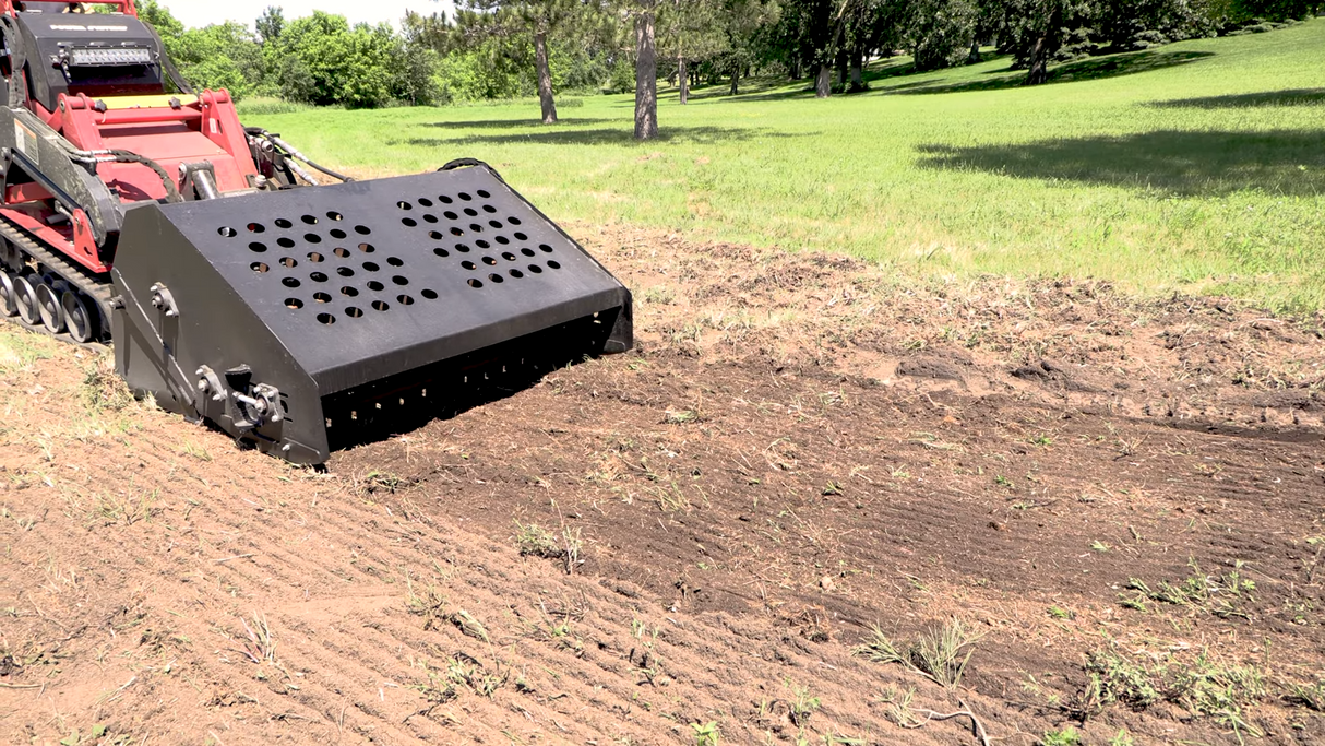 Erskine Mini Landscape Rake | Working Width 48" | Hydraulic Motor Flow Range 13-25 GPM | For Mini Skid Steer