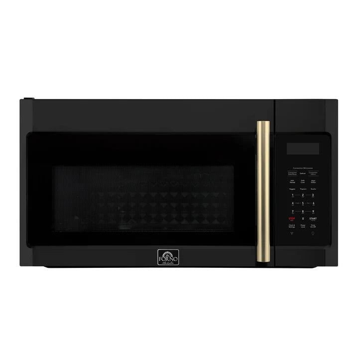 FORNO Fornace 30" 1.5 cu. ft. 300 CFM Over The Range Microwave in Black with Antique Brass Accents, FOTR3038-30BLK