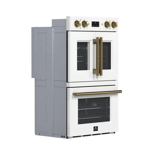 FORNO Asti 30" 7.36 cu. ft. French Door Double Electric Wall Oven with Air Fry, Self-Clean and Sous Vide in White with Antique Brass Accents, FBOEL1340-30WHT