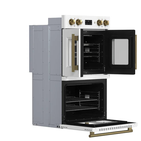 FORNO Asti 30" 7.36 cu. ft. French Door Double Electric Wall Oven with Air Fry, Self-Clean and Sous Vide in White with Antique Brass Accents, FBOEL1340-30WHT