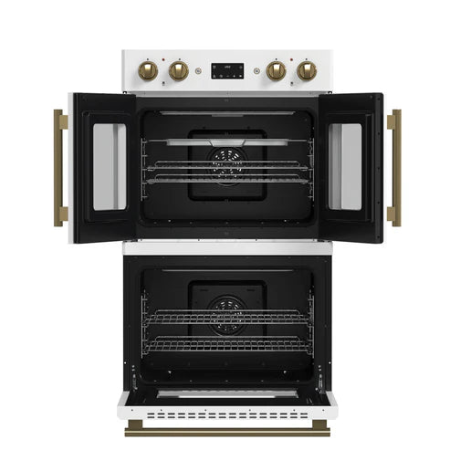 FORNO Asti 30" 7.36 cu. ft. French Door Double Electric Wall Oven with Air Fry, Self-Clean and Sous Vide in White with Antique Brass Accents, FBOEL1340-30WHT