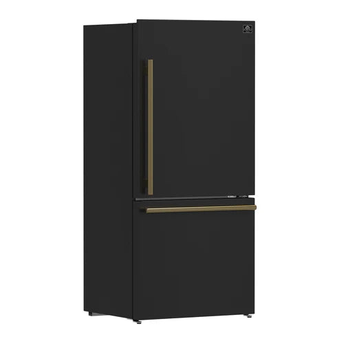 FORNO Espresso Milano 31" 17.2 cu. ft. Right Swing Refrigerator and Bottom Freezer in Black with Antique Brass Handles, FFFFD1785-31BLK