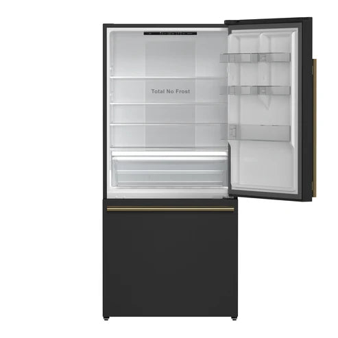 FORNO Espresso Milano 31" 17.2 cu. ft. Right Swing Refrigerator and Bottom Freezer in Black with Antique Brass Handles, FFFFD1785-31BLK