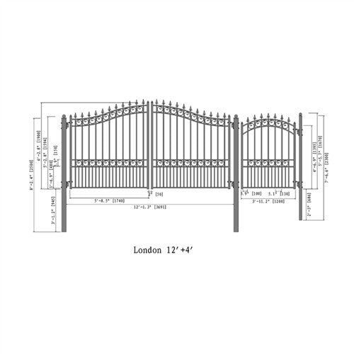 Aleko Steel Dual Swing Driveway Gate - LONDON Style - 12 ft with Pedestrian Gate - 5 ft