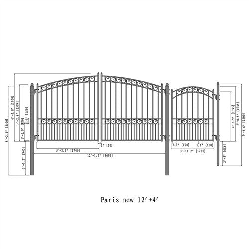 Aleko Steel Dual Swing Driveway Gate - PARIS Style - 12 ft with Pedestrian Gate - 5 ft