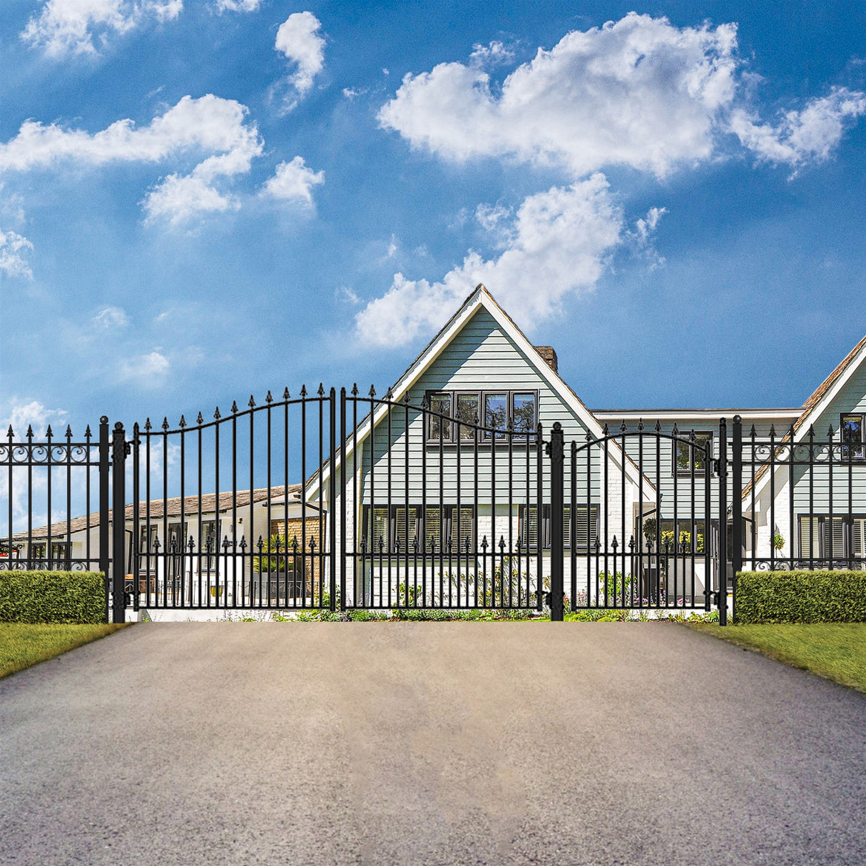 Aleko Steel Dual Swing Driveway Gate - MUNICH Style - 14 ft with Pedestrian Gate - 5 ft