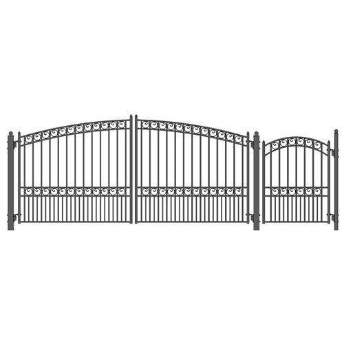 Aleko Steel Dual Swing Driveway Gate - PARIS Style - 14 ft with Pedestrian Gate - 5 ft