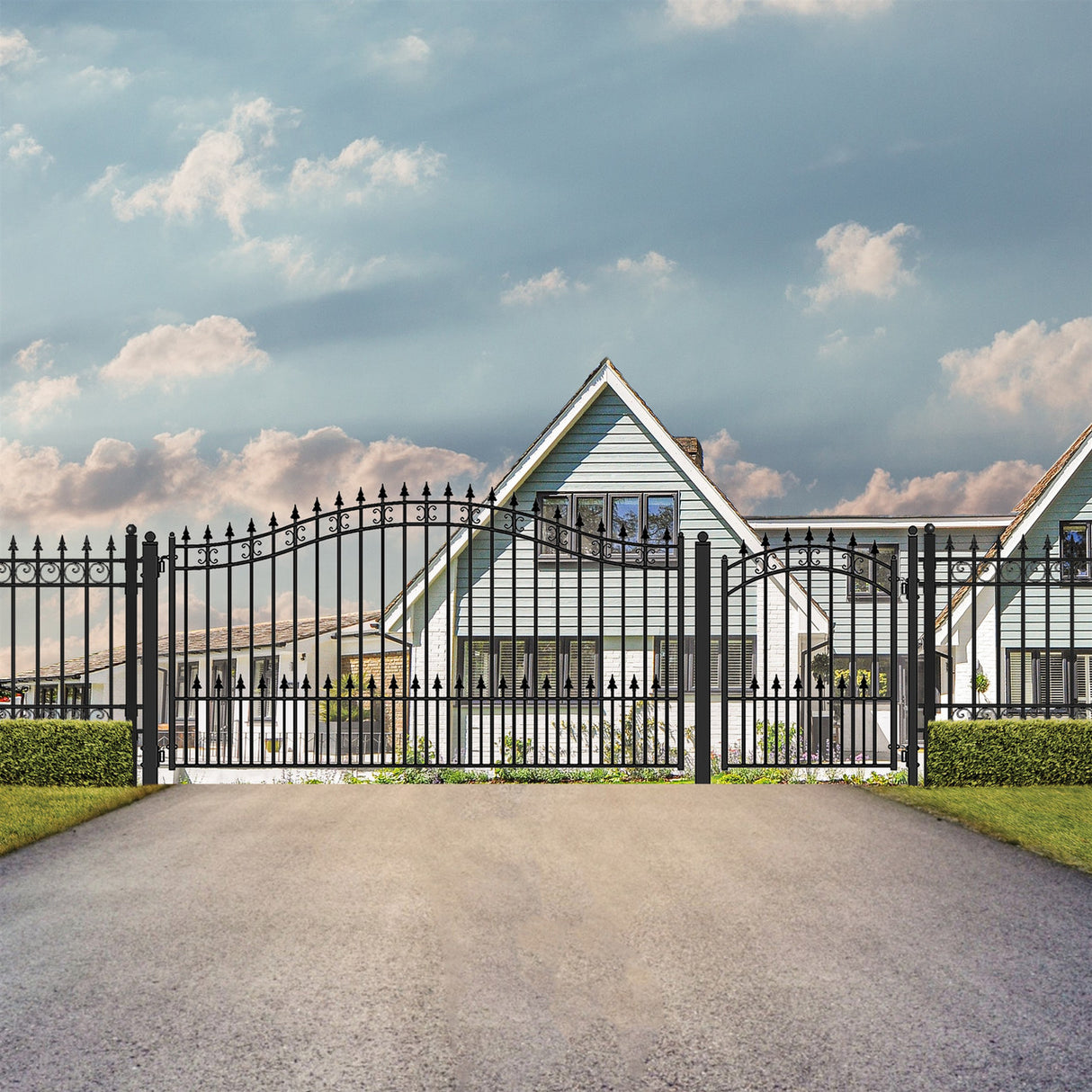 Aleko Steel Single Swing Driveway Gate - ST.LOUIS Style - 14 ft with Pedestrian Gate - 5 ft