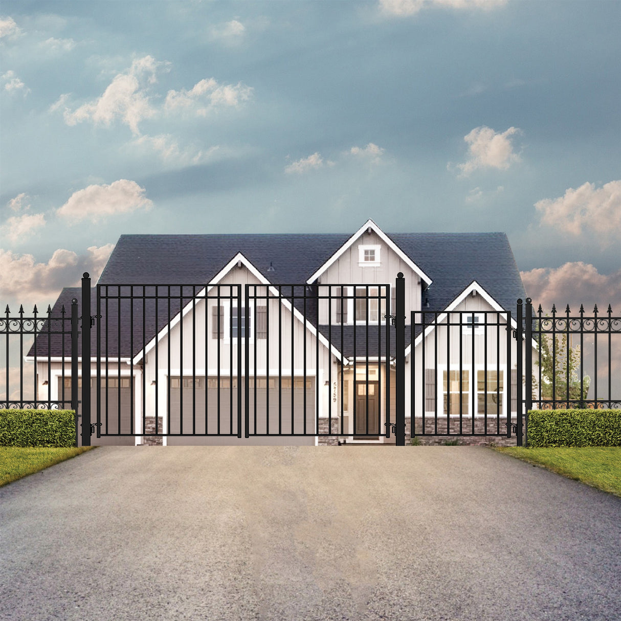 Aleko Steel Dual Swing Driveway Gate - MADRID Style - 18 ft with Pedestrian Gate - 5 ft