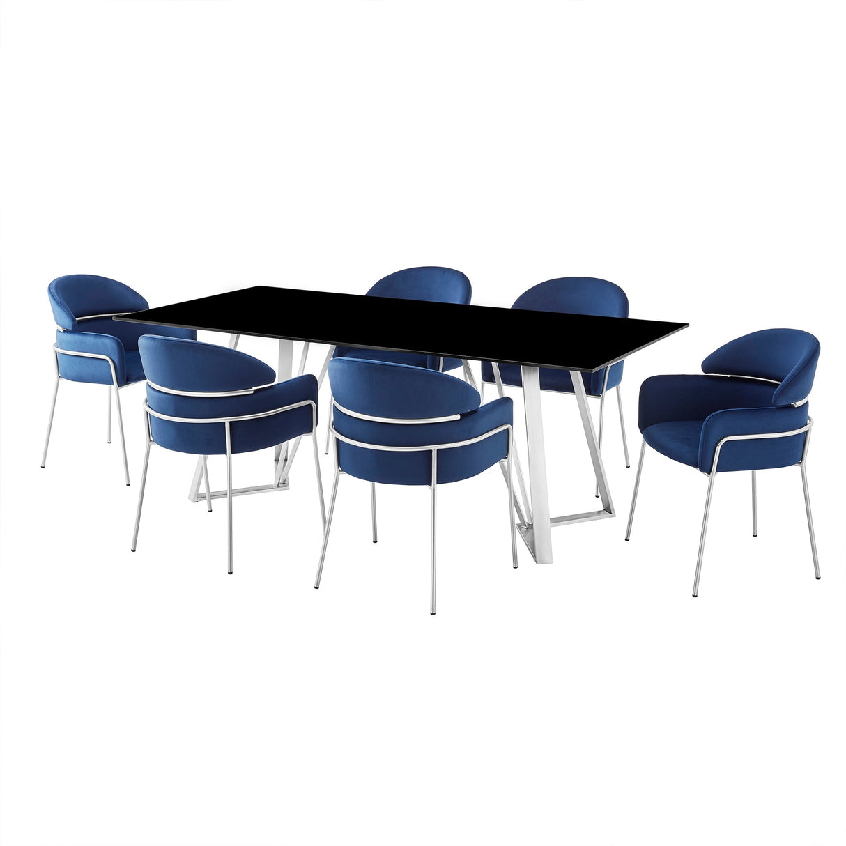 Cressida/Portia 7-Piece Dining Set - Modern Glass Top Table with Comfortable Stainless Steel Chairs
