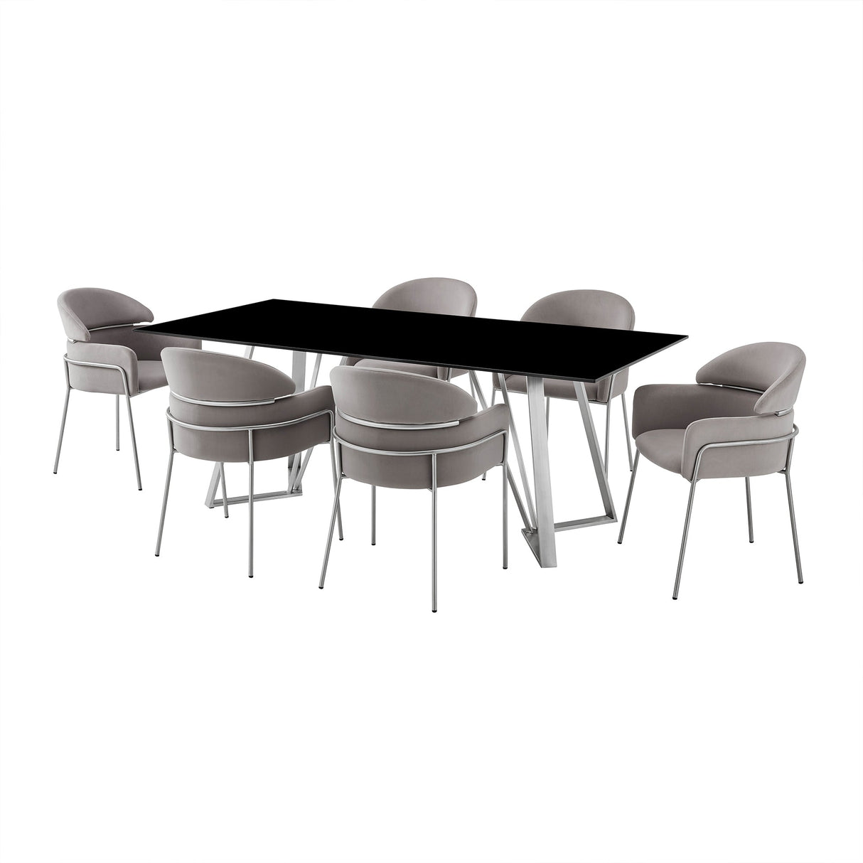 Cressida/Portia 7-Piece Dining Set - Modern Glass Top Table with Comfortable Stainless Steel Chairs