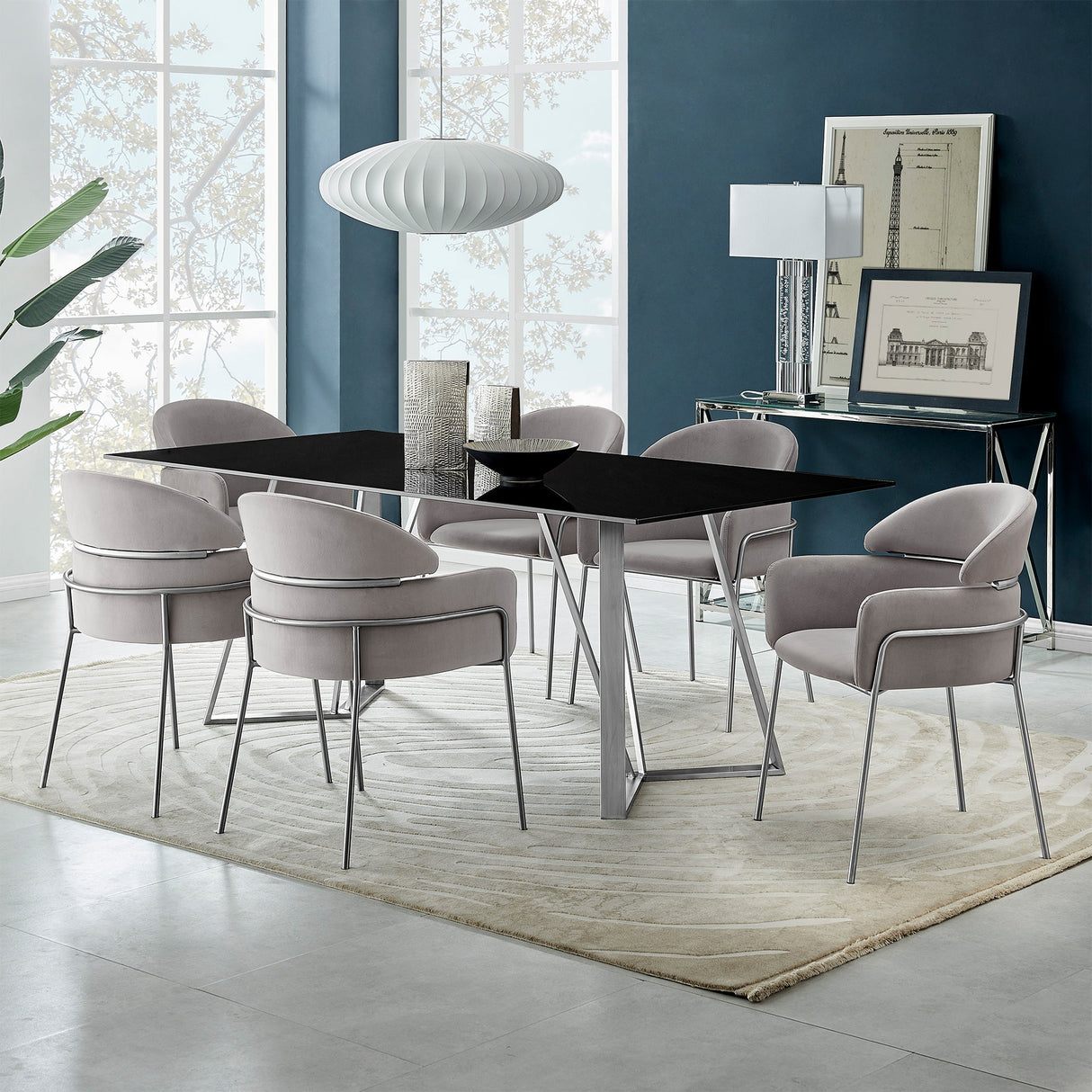 Cressida/Portia 7-Piece Dining Set - Modern Glass Top Table with Comfortable Stainless Steel Chairs