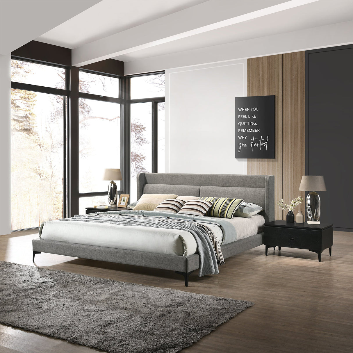 Legend Modern 3-Piece Gray Fabric King Bed and Nightstands Set with Soft-Close Drawers & Support