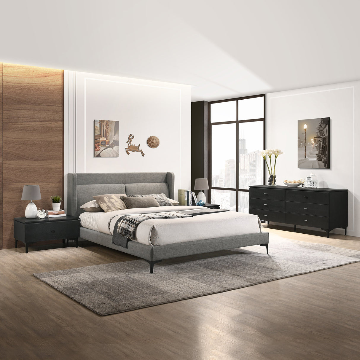 Legend 4-Piece Gray Fabric King Bedroom Set with Modern Dresser & Nightstands - Cozy Elegance!