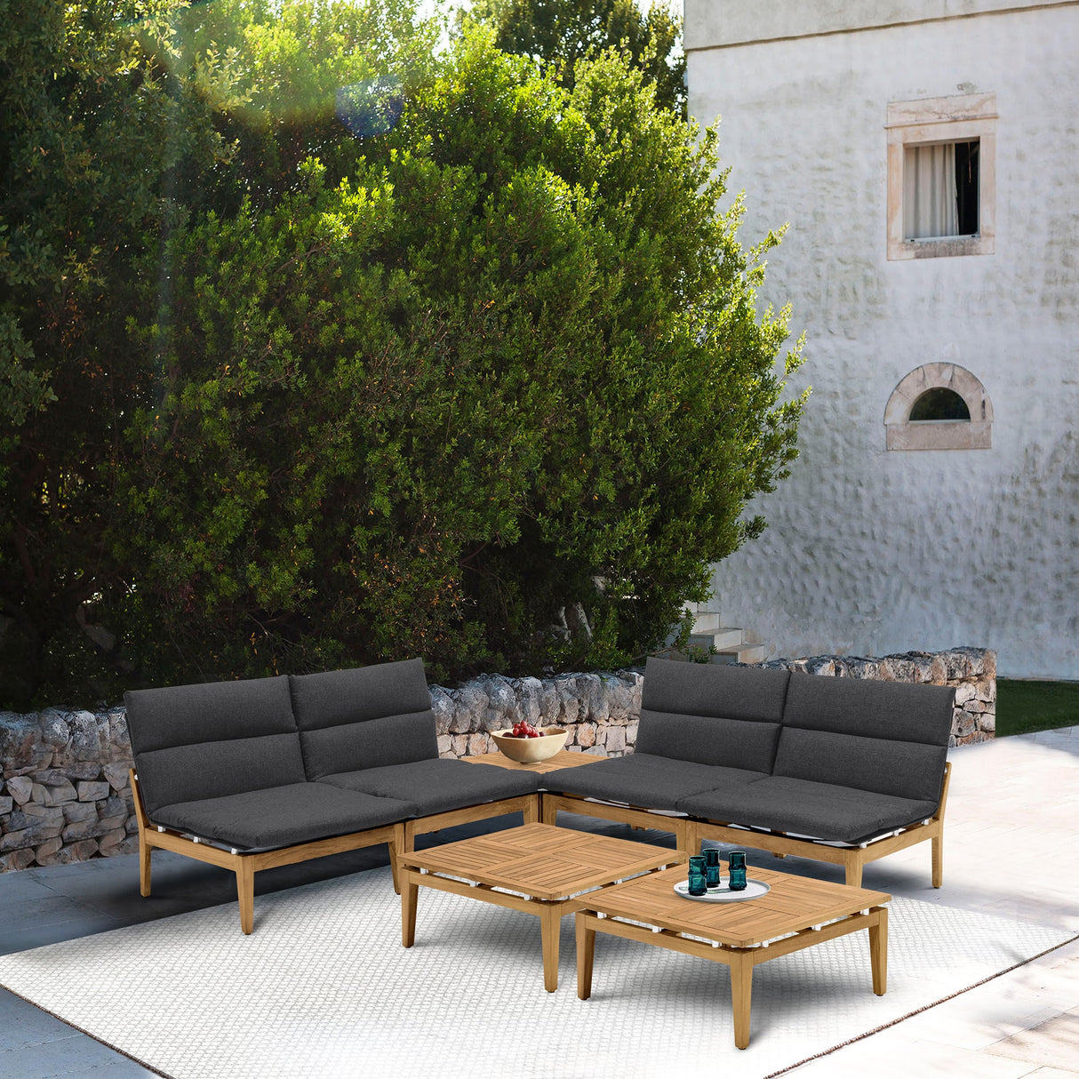 Arno 7-Piece Outdoor Teak Wood Seating Set with Olefin Cushions - Weather Resistant & Stylish Design