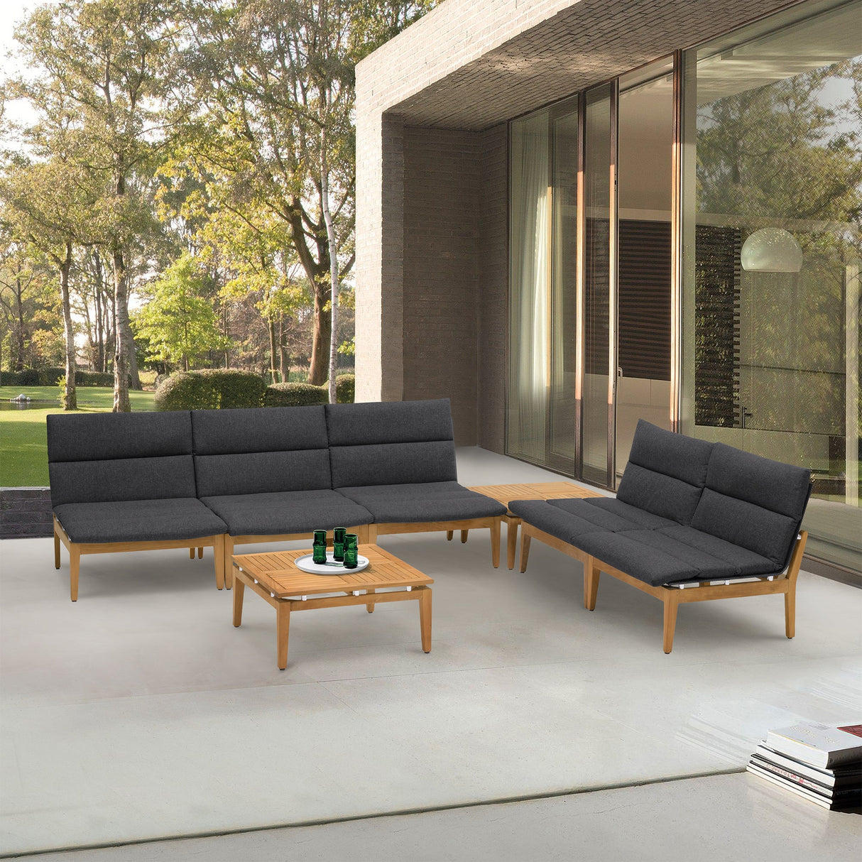 Arno 7-Piece Outdoor Teak Wood Seating Set with Olefin Cushions - Weather Resistant & Stylish Design