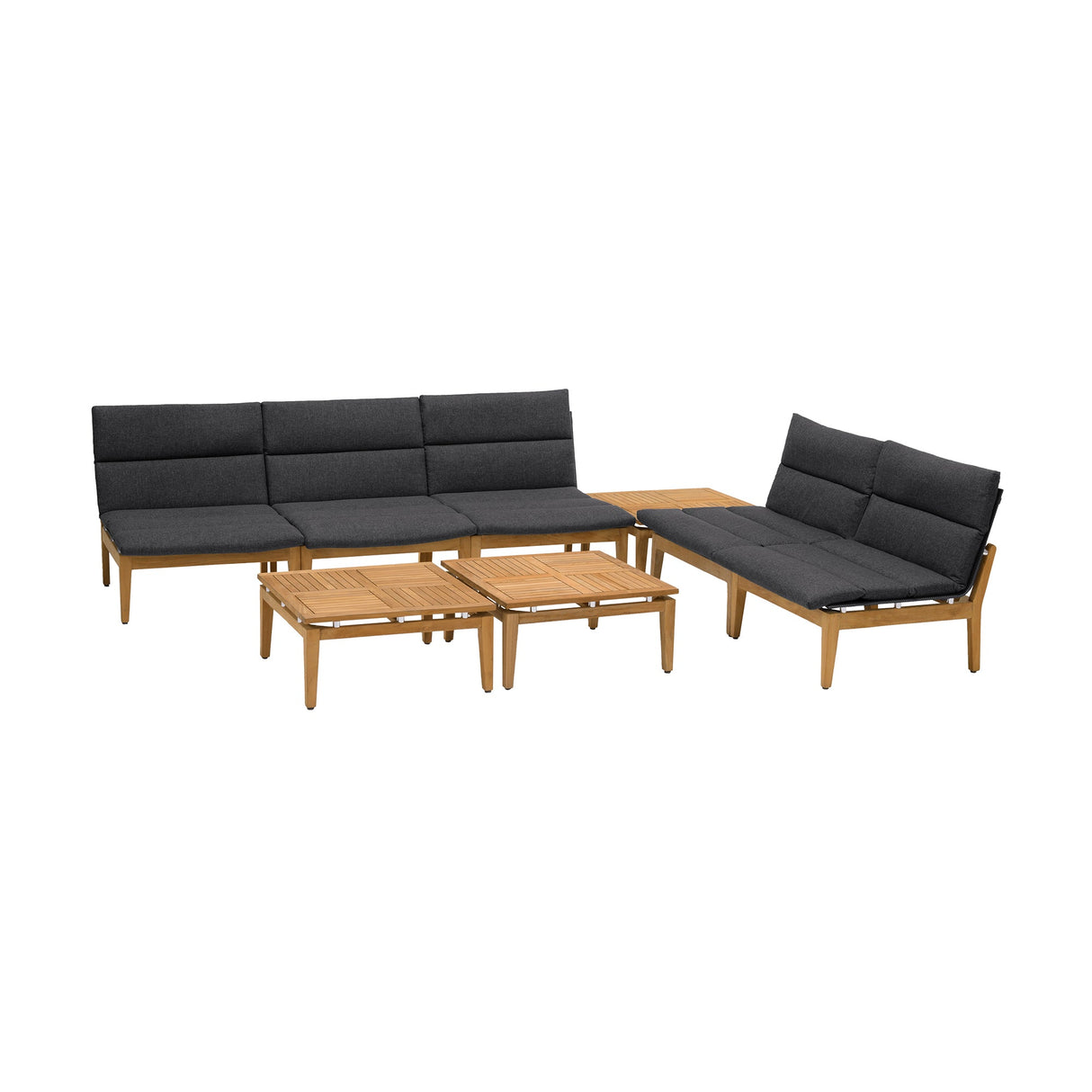 Arno Outdoor 8-Piece Teak Wood Seating Set with Comfortable Charcoal Olefin Cushions & Tables