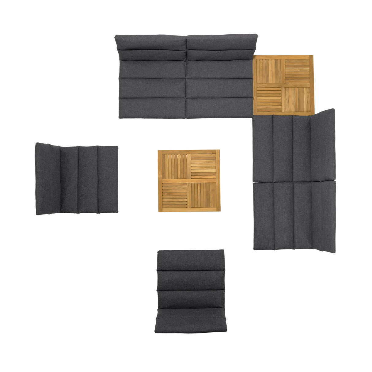 Arno Outdoor 8-Piece Teak Wood Seating Set with Comfortable Charcoal Olefin Cushions & Tables