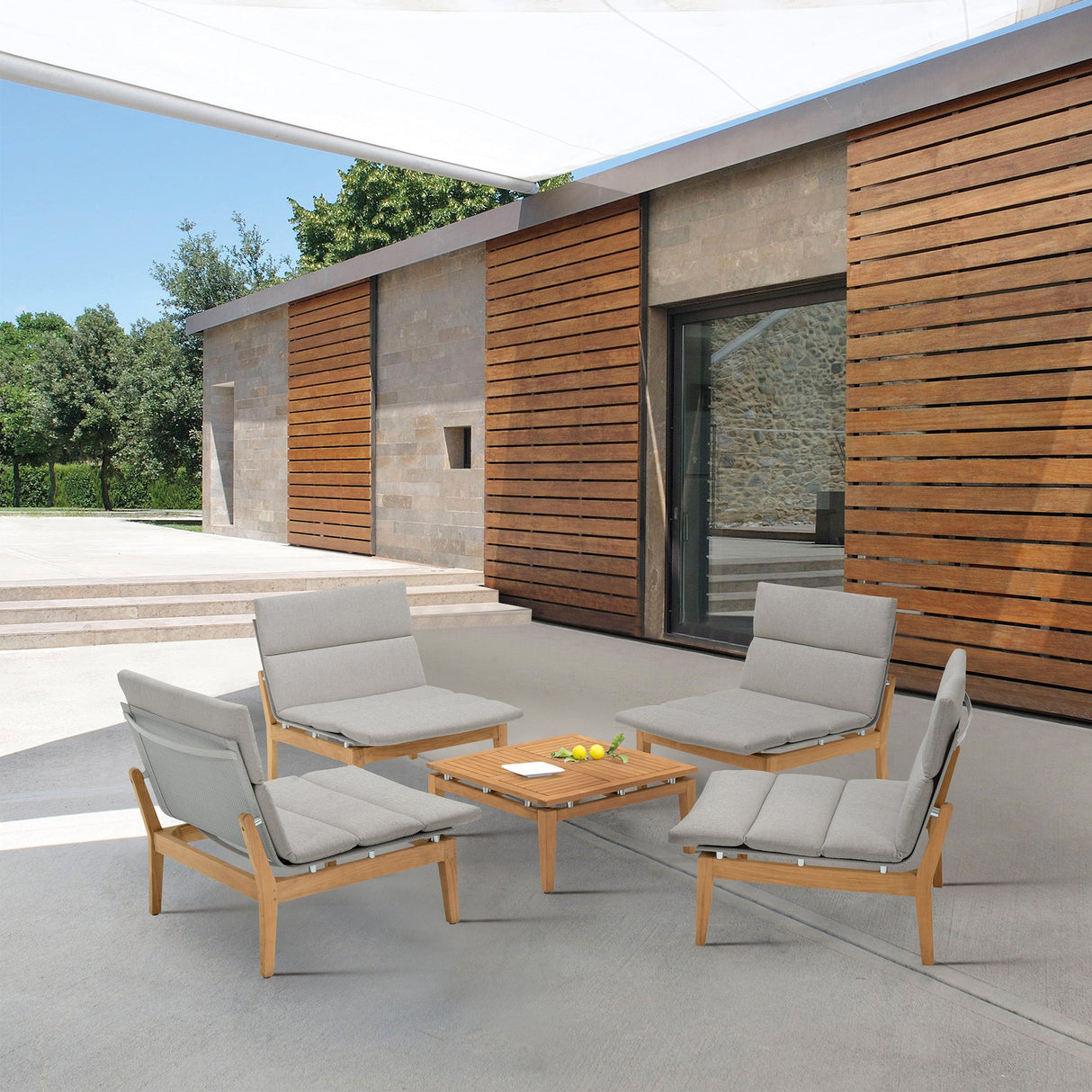 Arno 5-Piece Outdoor Teak Wood Lounge Set with Charcoal Olefin Cushions - Durable & Stylish Comfort
