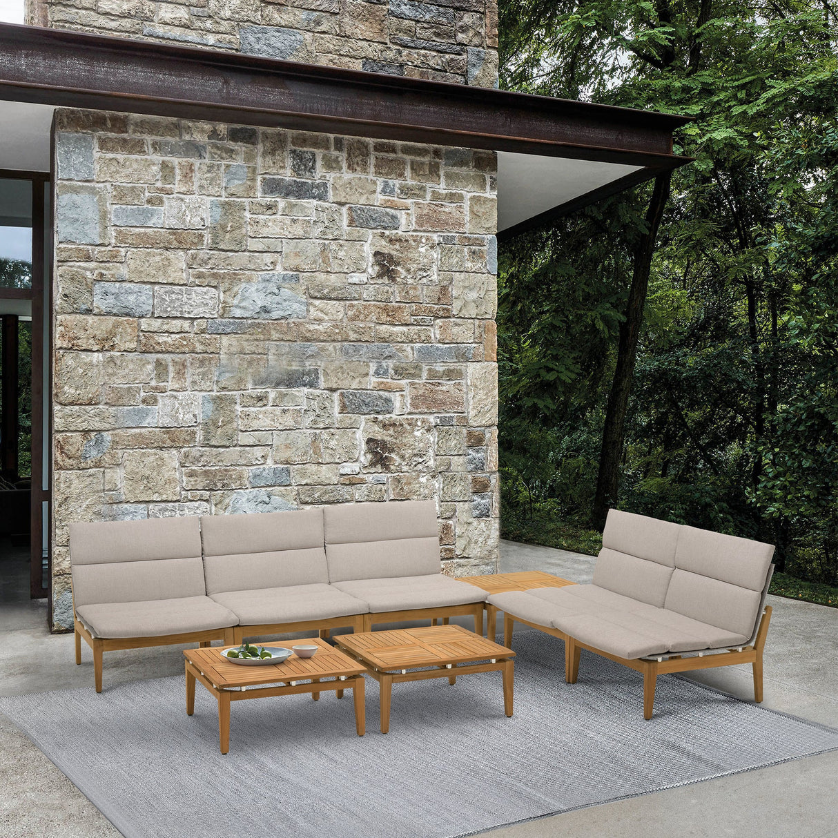 Arno Outdoor 8-Piece Teak Wood Seating Set with Comfortable Charcoal Olefin Cushions & Tables