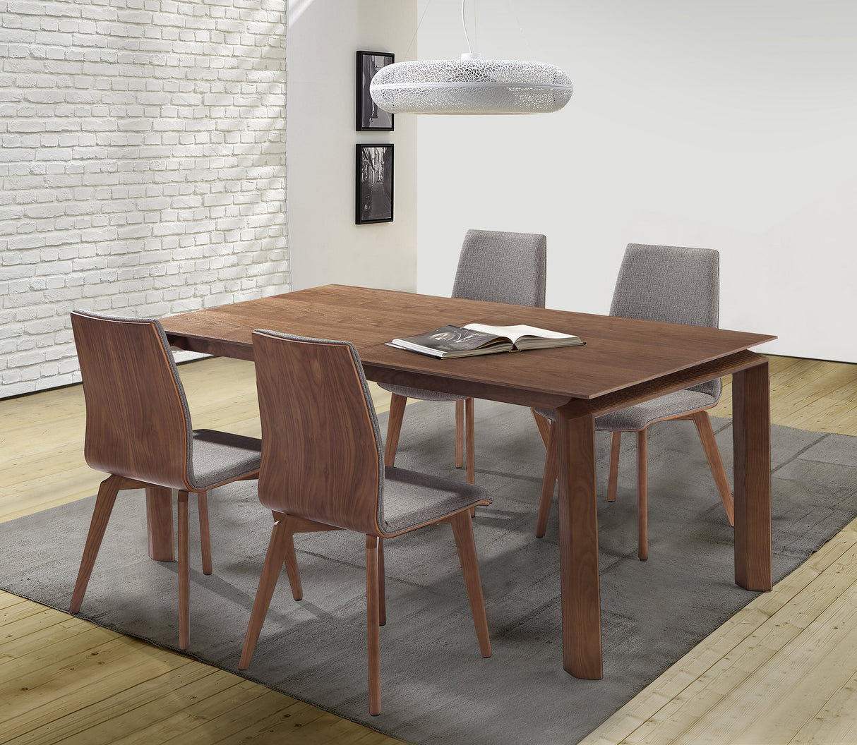 Treviso 5-Piece Mid-Century Modern Dining Set with Walnut Table & 4 Comfortable Gray Chairs