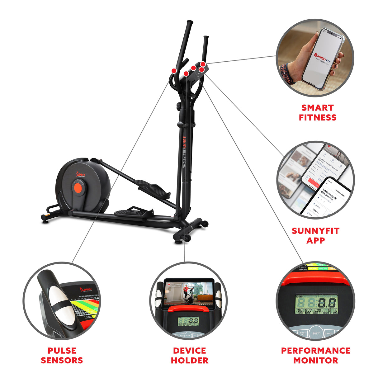 Sunny Health & Fitness Power Stride Smart Magnetic Elliptical Machine with 18" Stride Length