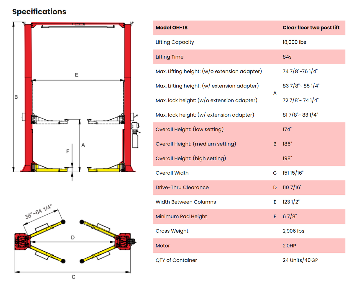 AMGO OH-18 18,000 lb 2 Post Lift